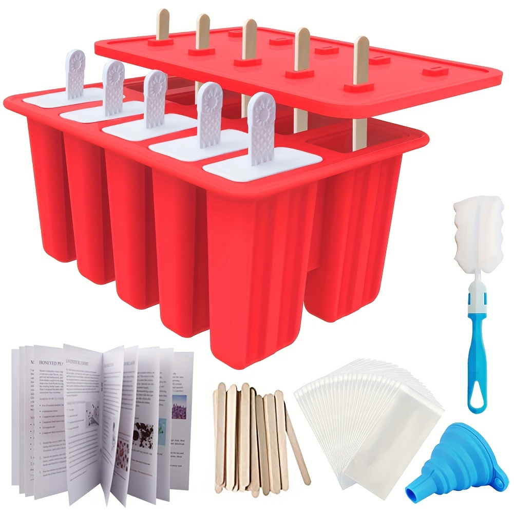 TEMU 10-cavity Homemade Molds, Non-bpa Silicone Ice Pop Maker, Complete Set With 50 Sticks, 50 Bags, 10 Reusable Sticks, Funnel, Brush, And Ice Pop Recipe For Diy At Home