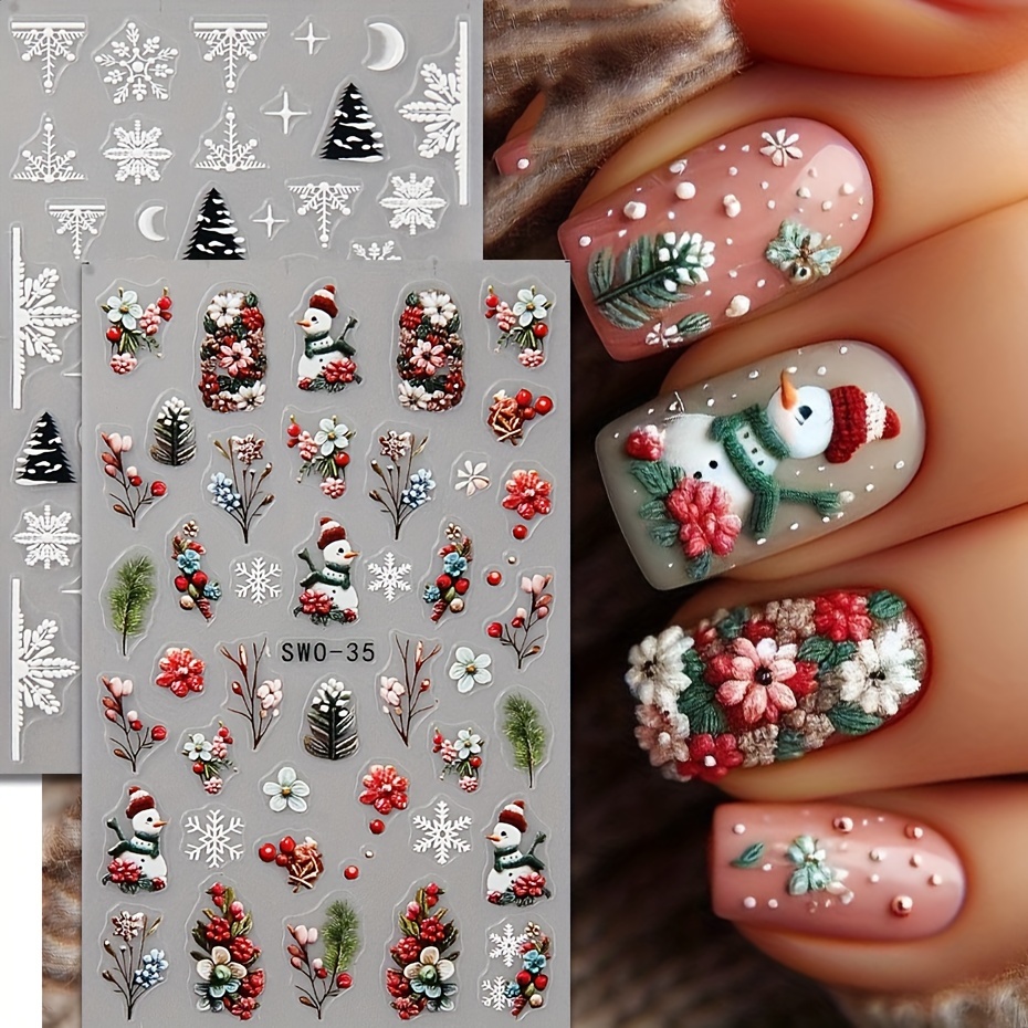 

2pcs Christmas Nail Art Stickers - 3d Snowman, , Tree, Star, Moon, Flower & Leaf Designs | Self-adhesive Plastic Decals For Holiday Manicure Tips & Supplies, Christmas Stickers