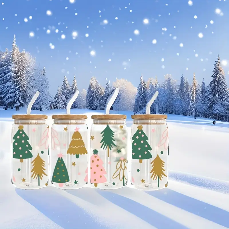 4pcs 550ml christmas tree glass with lid and straw home office cup tea beer milk cup Product details 1