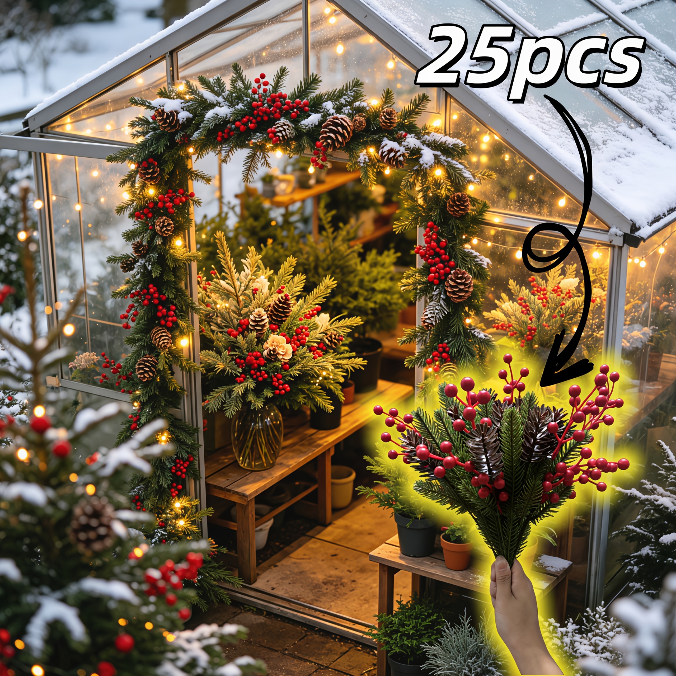 TEMU 25pcs Artificial Pine Branches/simulated Pine Cones/red Berries Mixed Bouquet, No Maintenance Required, Full And Shaped Floral Decoration,