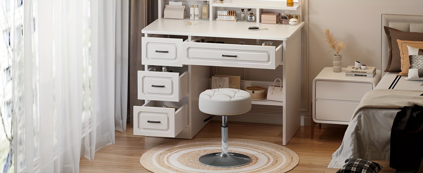 ACEQLYT Adjustable Vanity Stool, Faux Leather Vanity Chair For Makeup Room Bedroom, Round Makeup Chair Ottoman, Sturdy, Rust-Resistant And Easy To Assemble
