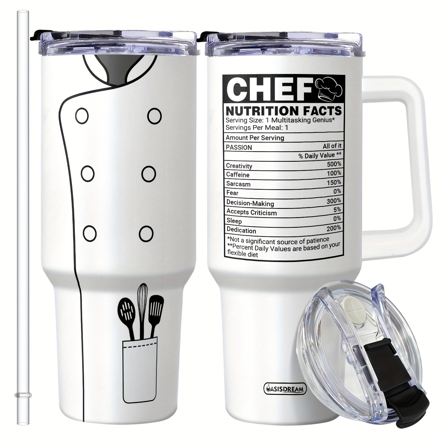 

1pc Adiffly Chef-inspired 40oz Stainless Steel With Lid, Handle & Straw - Funny "chef Nutrition Facts" Print, Dishwasher Safe, Ideal For Travel & - White