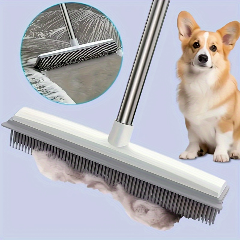 

1pc Pet Hair Removal Broom With Scraper - Adjustable Long Handle, Soft Silicone Bristles For Dog & Cat Fur, No-scratch Cleaning Brush For Hardwood Floors And Tiles