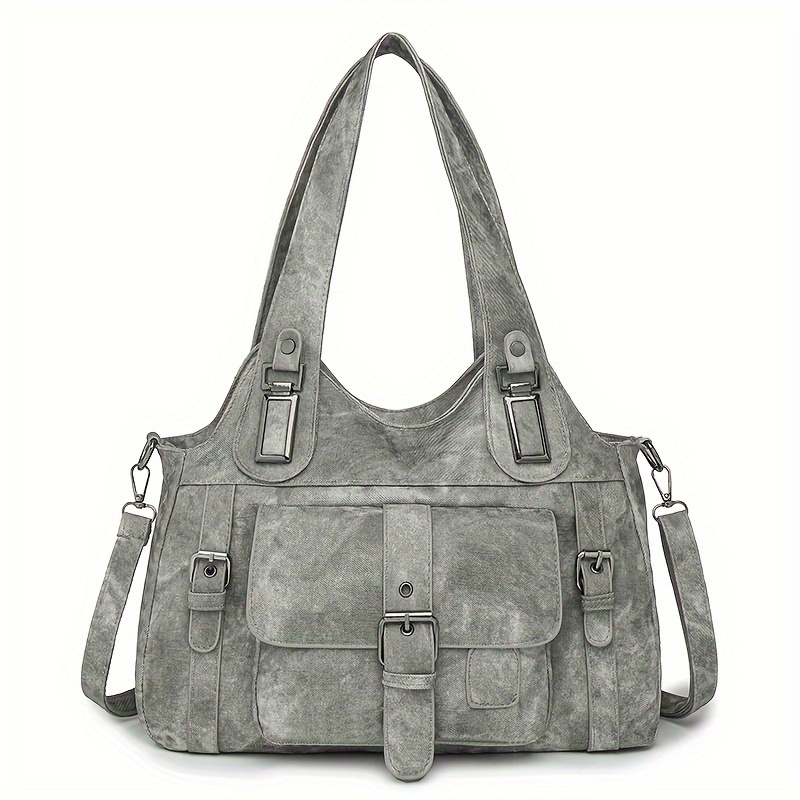 TEMU Chic Vintage-inspired Women's Tote Bag With Detachable Strap - Leather, Zip Closure, Polyester Lined - Available In Light Blue, Grey, Blue, Black