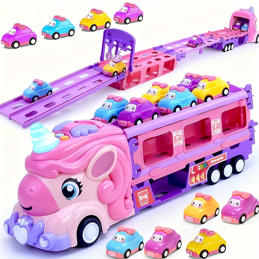 TEMU Friction-driven Unicorn Car Toy Set Featuring 9 Princess Vehicles, A Unicorn Truck, And A Collapsible , Perfect As A Birthday Present For Girls