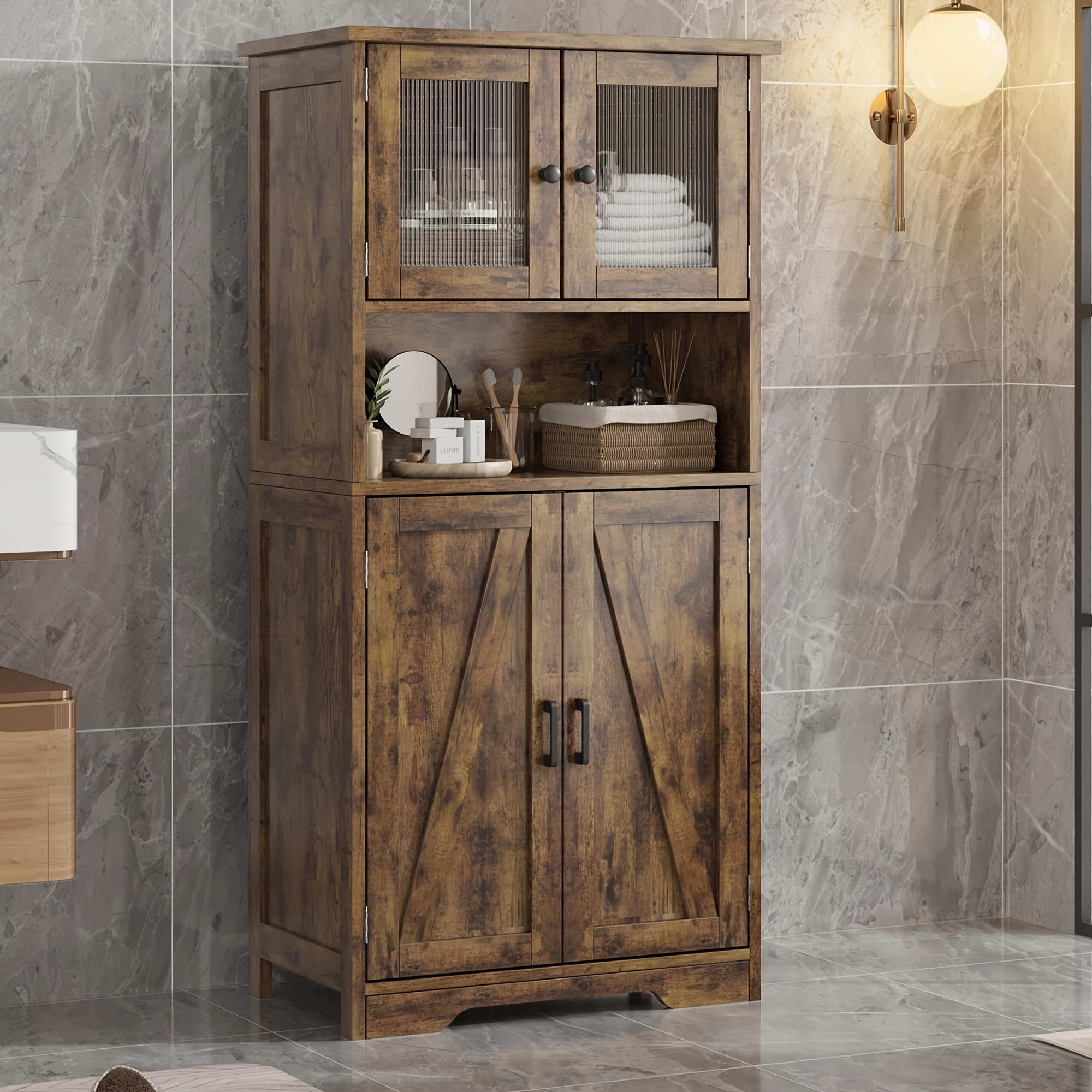 

Kitchen , 50.4" Freestanding Storage Cabinet With Glass Doors And Adjustable Shelves, Wooden Cupboard, Large Floor Linen Cabinet For Bathroom, Living Room