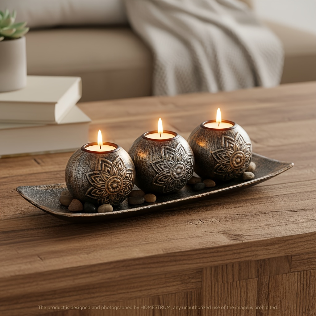 TEMU Set Of 3 Spherical Wooden Candle Holders | Intricate Floral Patterns, Ideal For Tealight Candles, Enhances Coffee And Dining Table Decor,