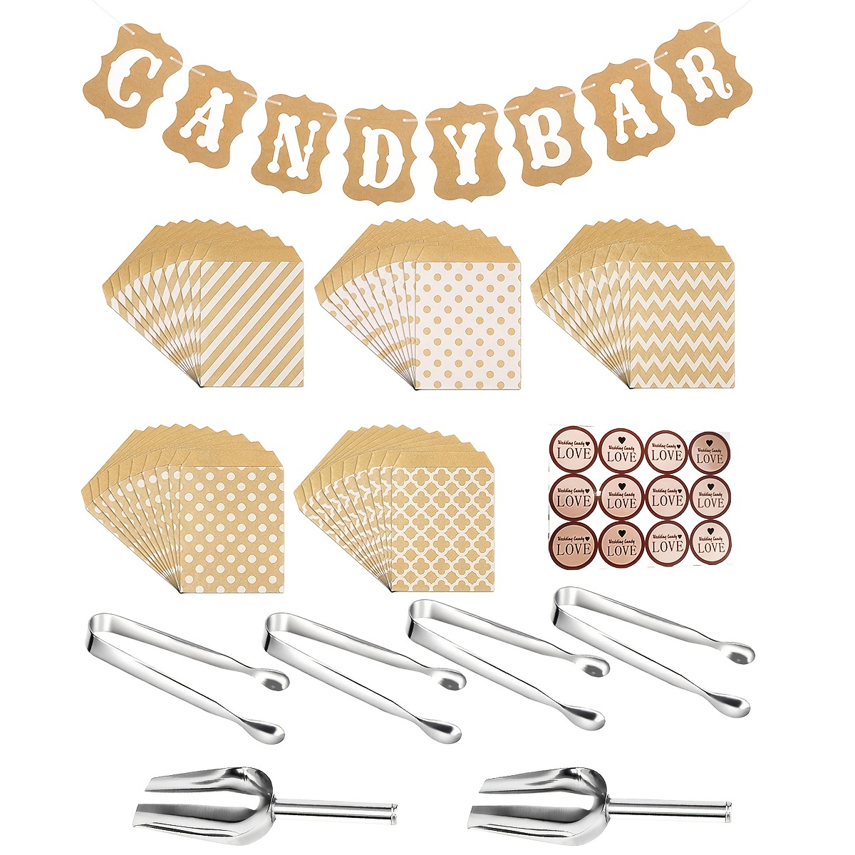 

67pcs Candy Bar Kit With Stainless Steel Clips, Paper Bags, Mixed Color Sticker Labels, Birthday, Wedding, Engagement Party Decorations