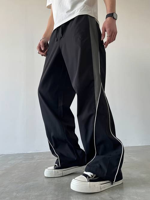 1 pantalón de hombre de pierna ancha y con cintura elástica y cordón - y color block, pantalón casual de corte para /otoño, lavable a máquina, para casual ( y semi-formal) - no