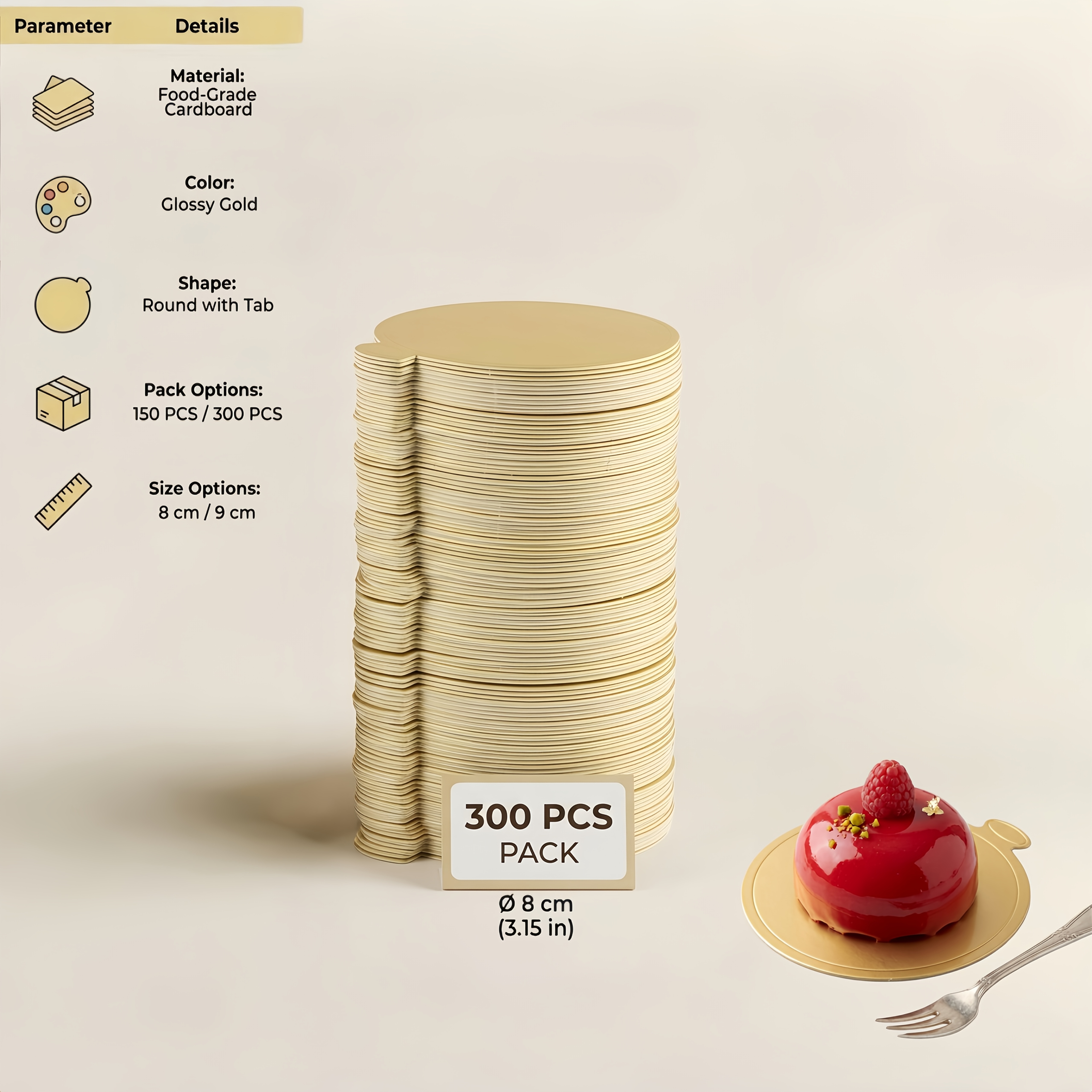 TEMU Cake Boards 150/300pcs Round Mousse Base Mat With Handle, Food-grade Greaseproof Thick Paper Dessert Trays For Cupcake Pastry Display Birthday