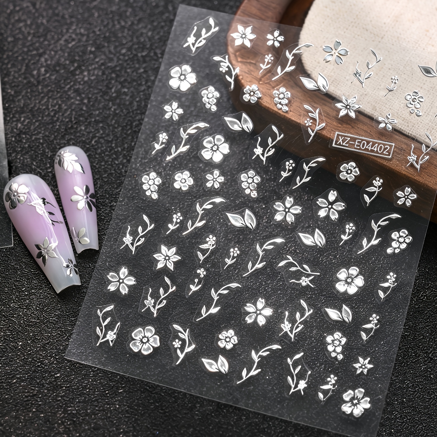 6 Sheets Silvery 3D Embossed Nail Stickers with Floral Designs