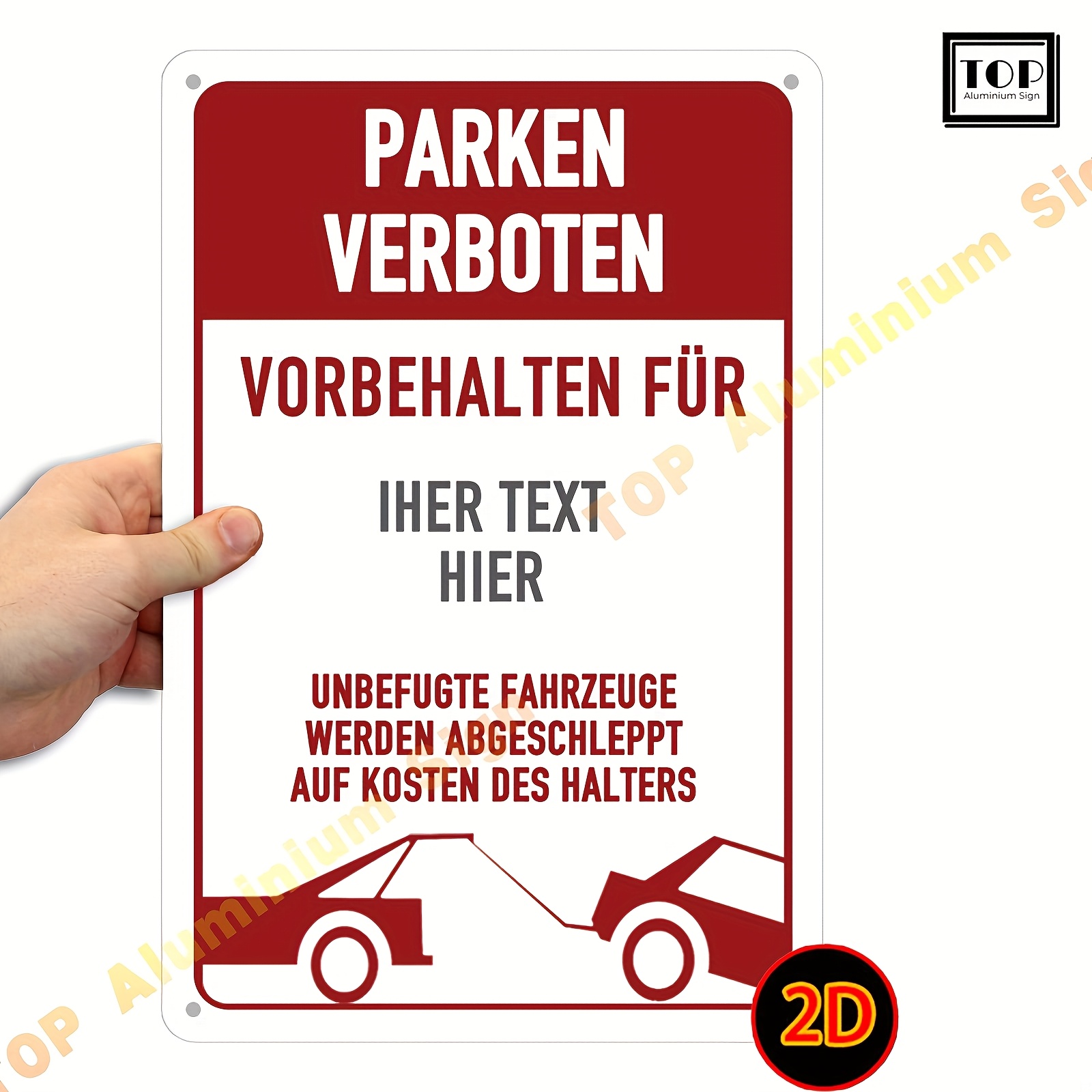 E-shop 2D Flach, Anpassbares Park-Schild - 8x12 Zoll Rostfreies Aluminium, Roter Hintergrund mit Gelbem & Weißem Schriftzug, 0.6mm Dick, Farbecht für