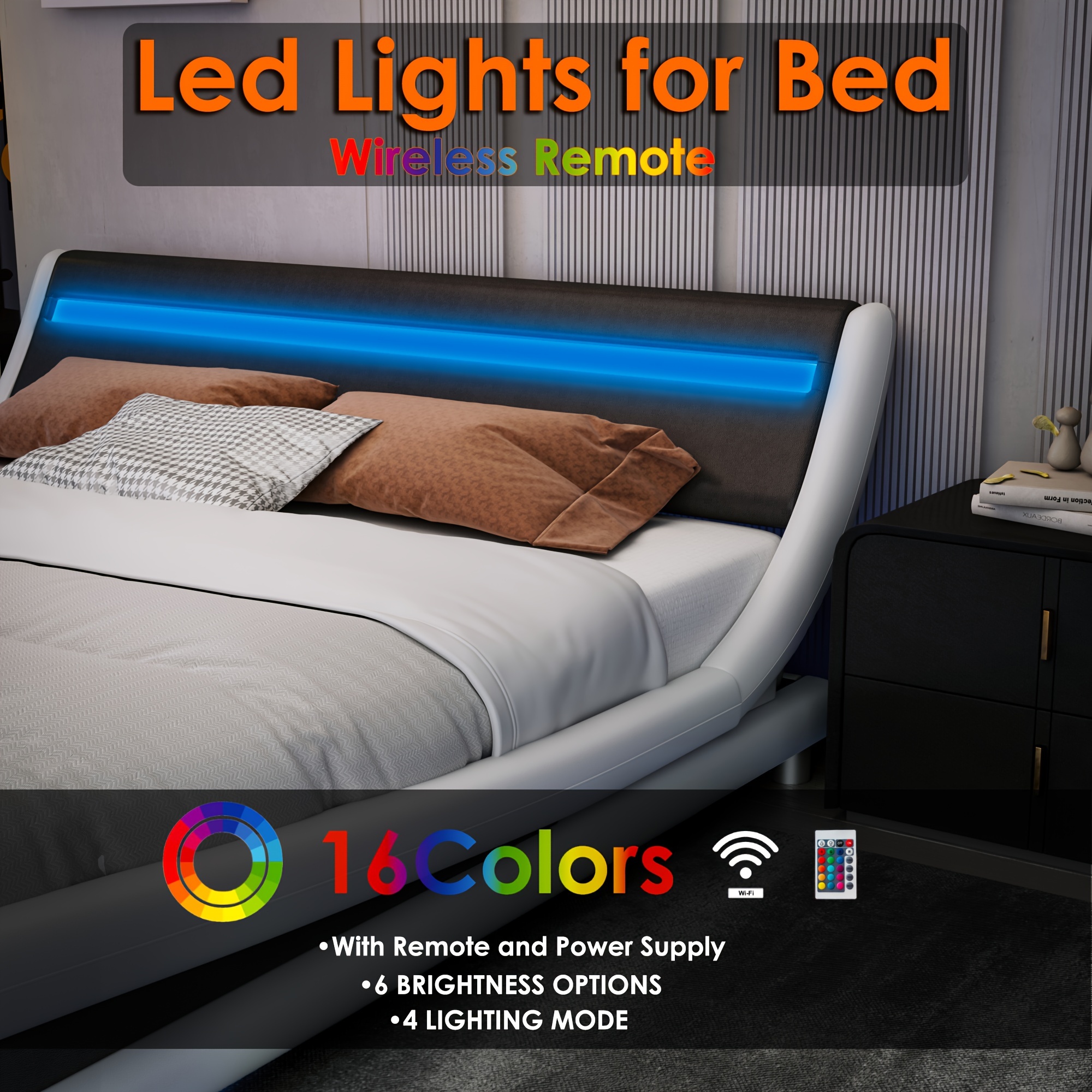 Elegant LED-Lit Adjustable Headboard Bed Frame - Modern Black Platform Bed with Sleek Faux Leather Upholstery & Wooden Slat Support, Easy Assembly, No Box Spring Needed for Contemporary Home Decor, Portable Bed
