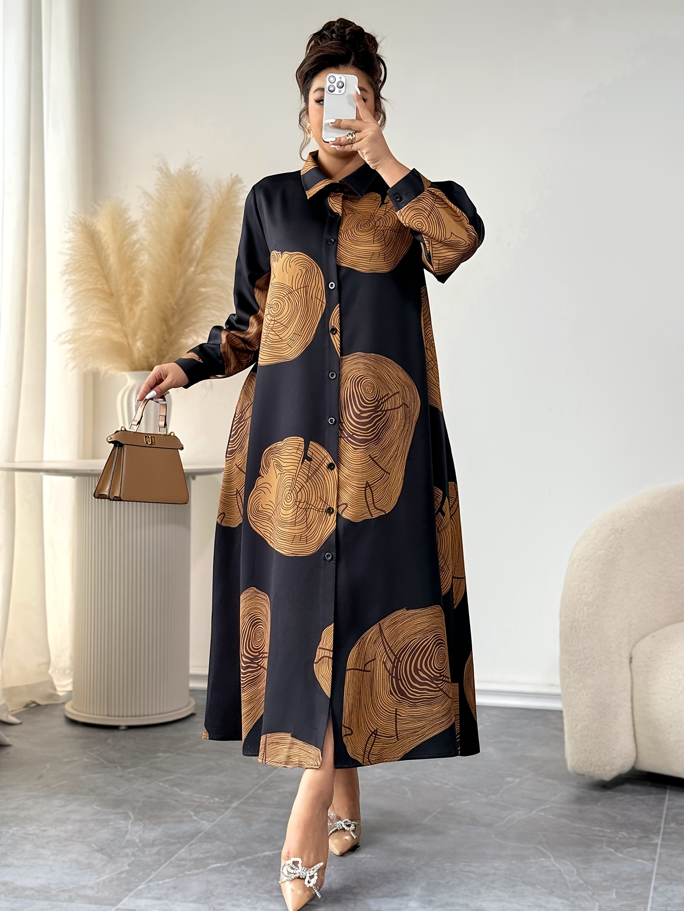 plus size womens elegant long sleeve maxi dress lapel collar Temu