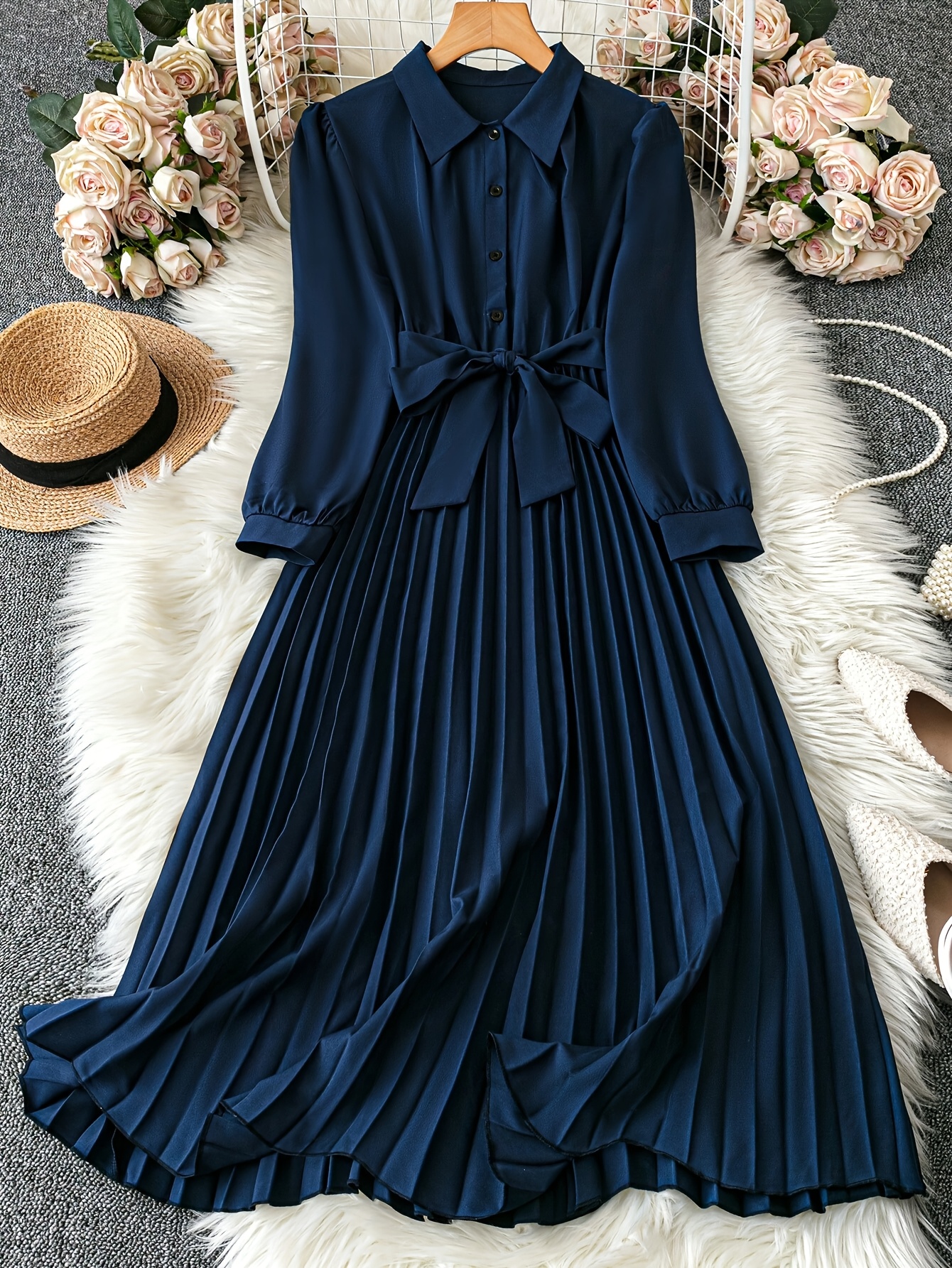 Women's Elegant Navy Blue Maxi Dress Formal Casual Long Formal event  gowns with Button Front, Machine Washable Fall/* Wedding Attire for Women, 