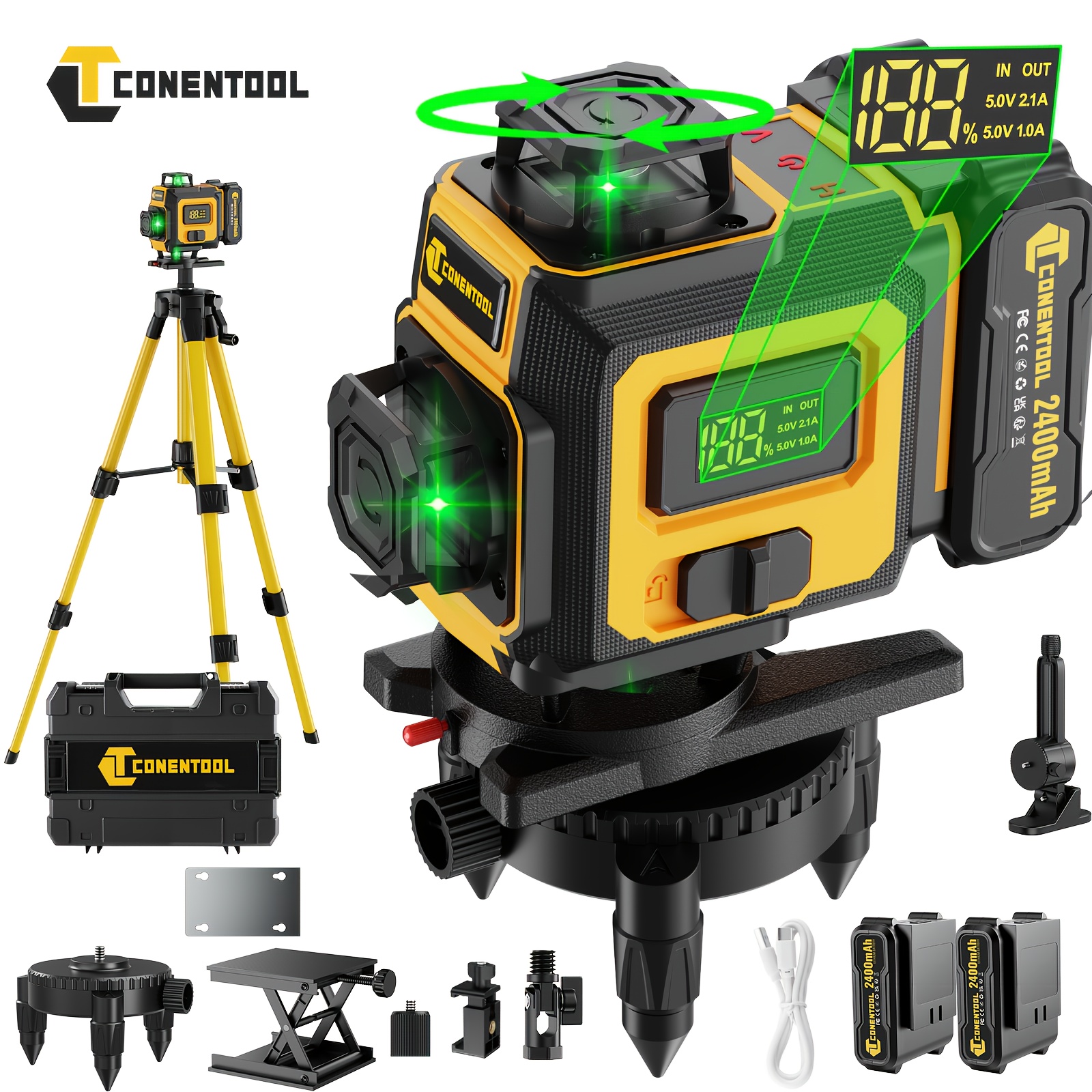 eseme pilt Conentool Professionaalne 4D isetasanduv lasertasememõõtur koos/ilma tugeva statiiviga ja pikendusvardaga, 16-joonelise horisontaalse/vertikaalse joonega laserprojektor, aku/LCD-ekraani valikud, 360° pööratav alus, sobib isetehtud töödeks ja renoveerimiseks, Ava uuel vahekaardil.