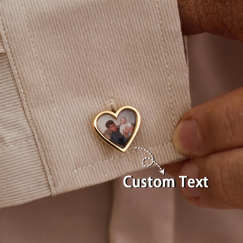 TEMU 1 Pair Of Custom Personalized Portrait Heart Cufflinks, Engraved, Custom Photo Stainless Steel Cufflinks, Uv Printed, Trendy Additions, High-end
