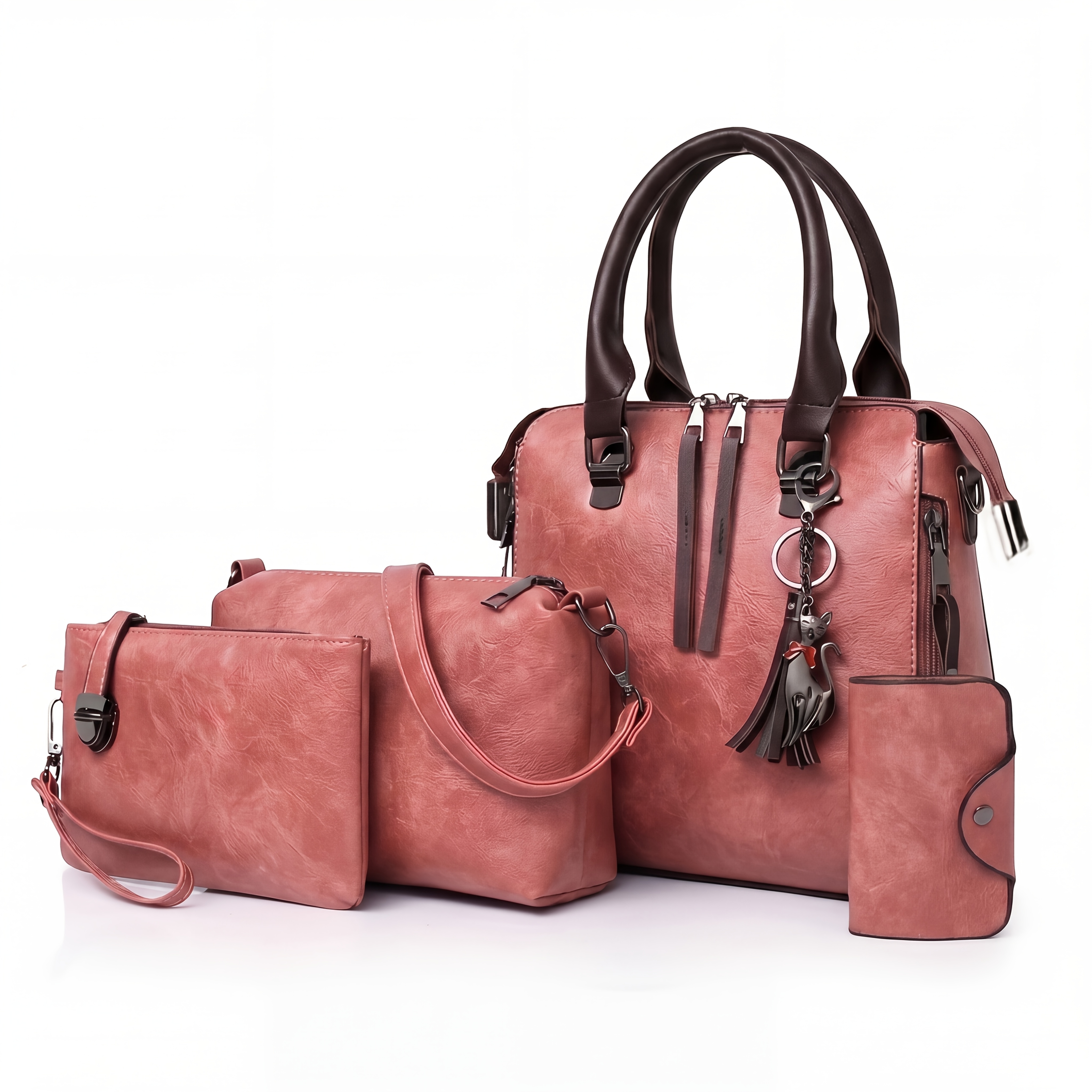 Image of Fashionable And Versatile 4-pc Women' Set, Retro Tote Bag, Crossbody Shoulder Bag, Handbag, Wallet, Large Capacity Oil Wax Pu Tassel Tote Bag, Meeting The Needs Of Daily Commuting, Travel, For Gifts