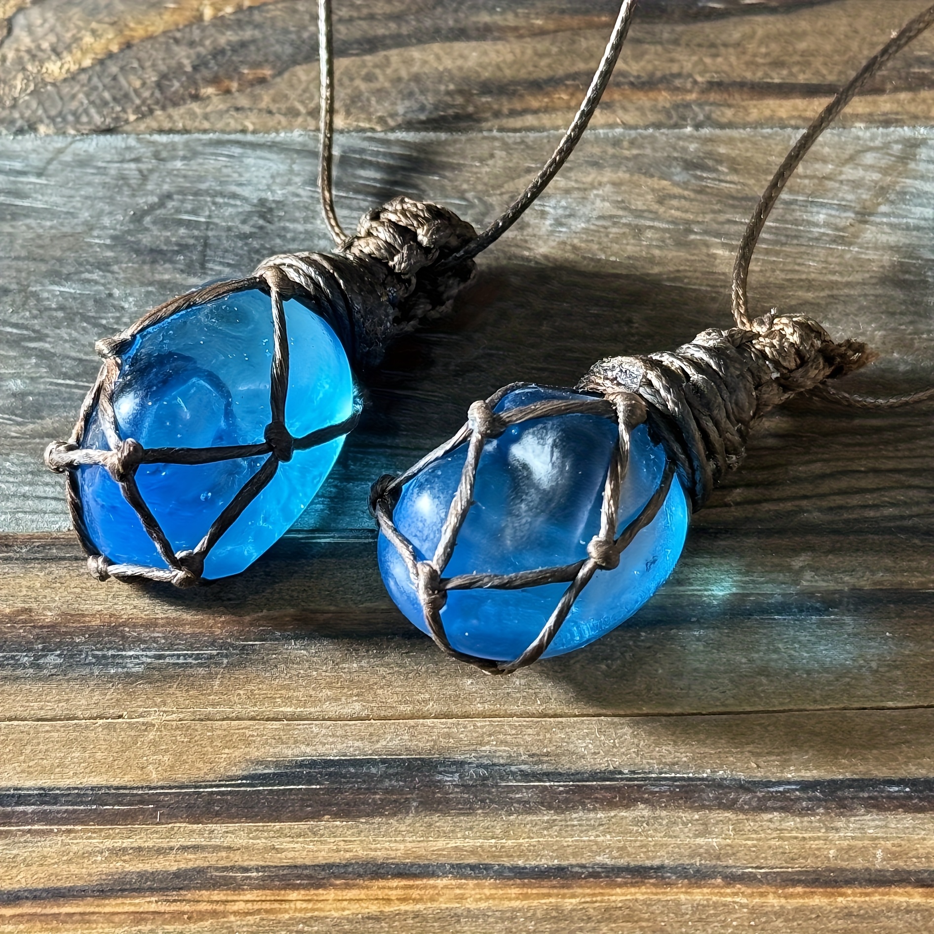 Handmade Vintage Natural Blue Glazed Pebble Pendant Necklace