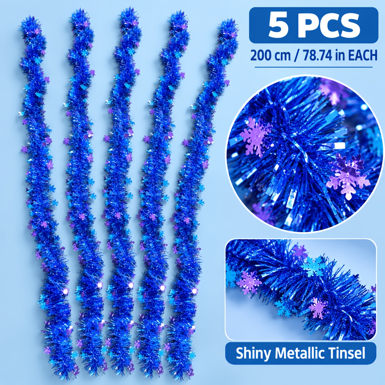 TEMU 5pcs Ultra-long Total 393.7 Inches Christmas Blue Ribbed Lace Decorations, Sparkling Snowflake Elements, Suitable For Christmas Trees, Doorways,