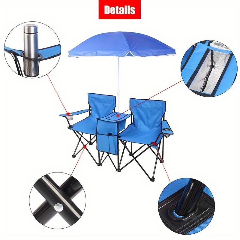 Portable Outdoor 2024 2-Seat Folding Chair with Removable Sun Umbrella Blue