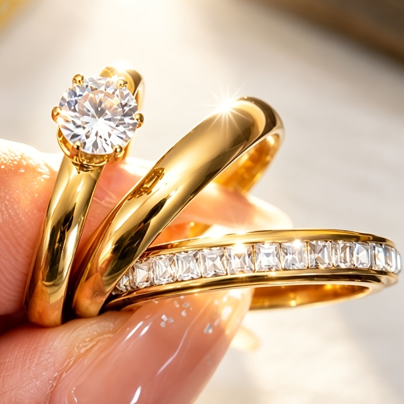 TEMU Znice Ensemble 3 pièces 18K Plaqué Or Mode Femme Niche Haut de Gamme Bague en Acier Inoxydable et à la Décoloration Adapté à un , , Fêtes,
