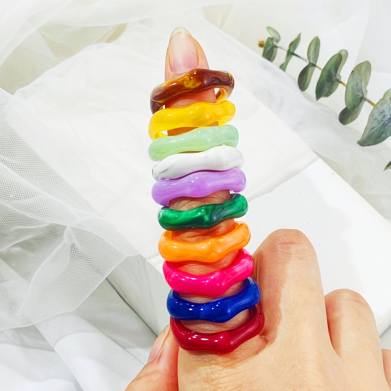 5pcs Colorful Smudged Marble Texture Resin Stackable Rings