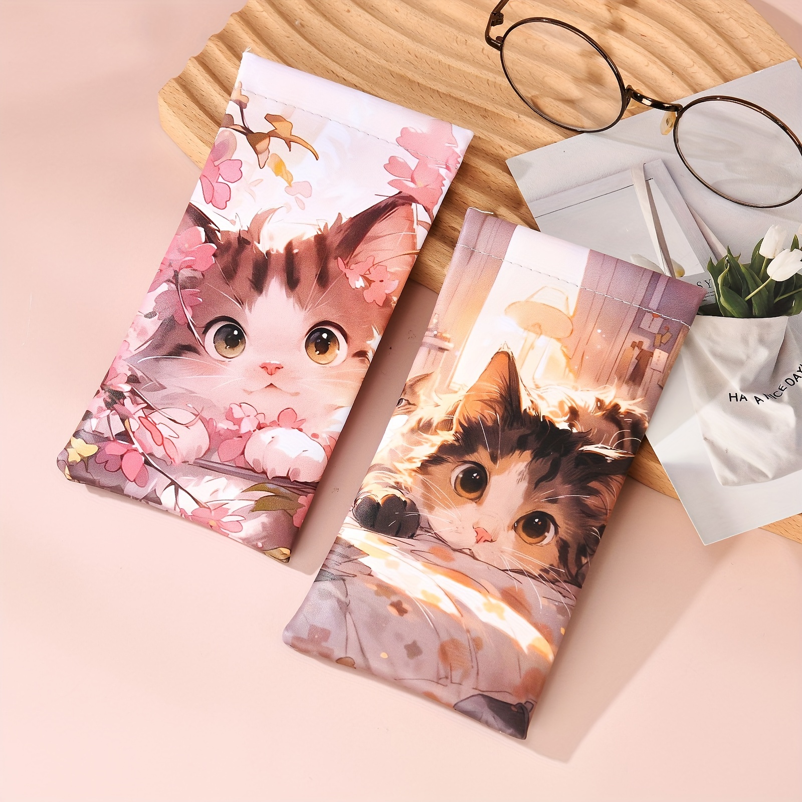 

1pc Sweet Cat Print Soft Eyeglass Case, Cute Glasses Pouch