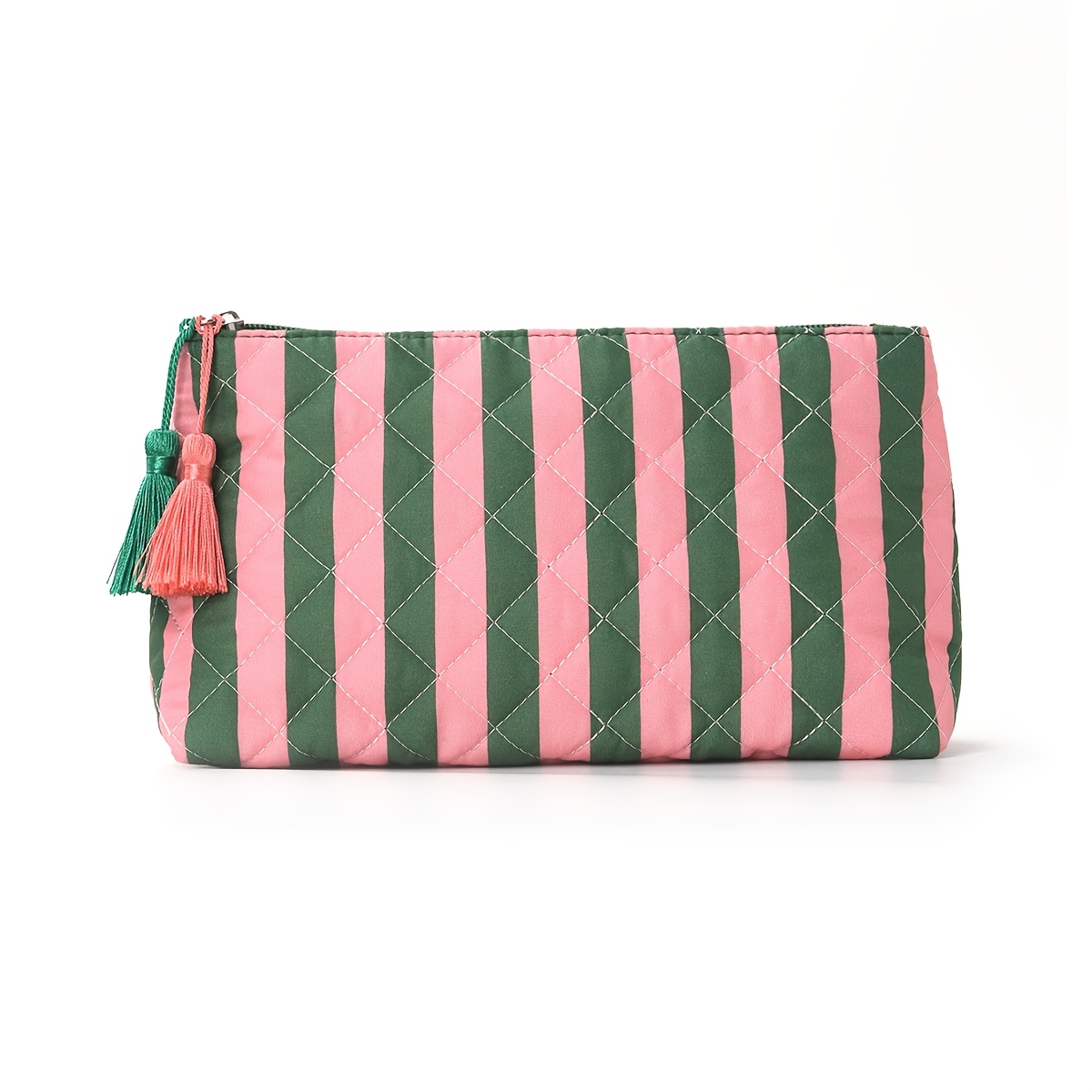 TEMU Striped Diamond Quilted Makeup Bag For Women, Portable Travel Storage Pouch, Tassel Zipper Design, Large-capacity Cosmetics Organizer, Delicate