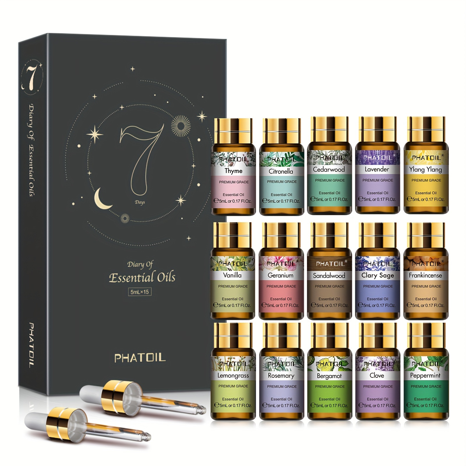 15pcs PHATOIL 5ml/0.17fl.oz Essential Oils Set Gift Set Alcohol-Free Perfect for Diffusers, Humidifiers, Soap/Candle Making, Christmas Gift, Lover, Friends, Oils, DIY Oil Blends, Stylish Oil Packaging, Luxury Set, Highquality Oils, Handcrafted Blends, Small Bottle Oils, Multipurpose Oils, DIY Craft, Wellness Enthusiasts