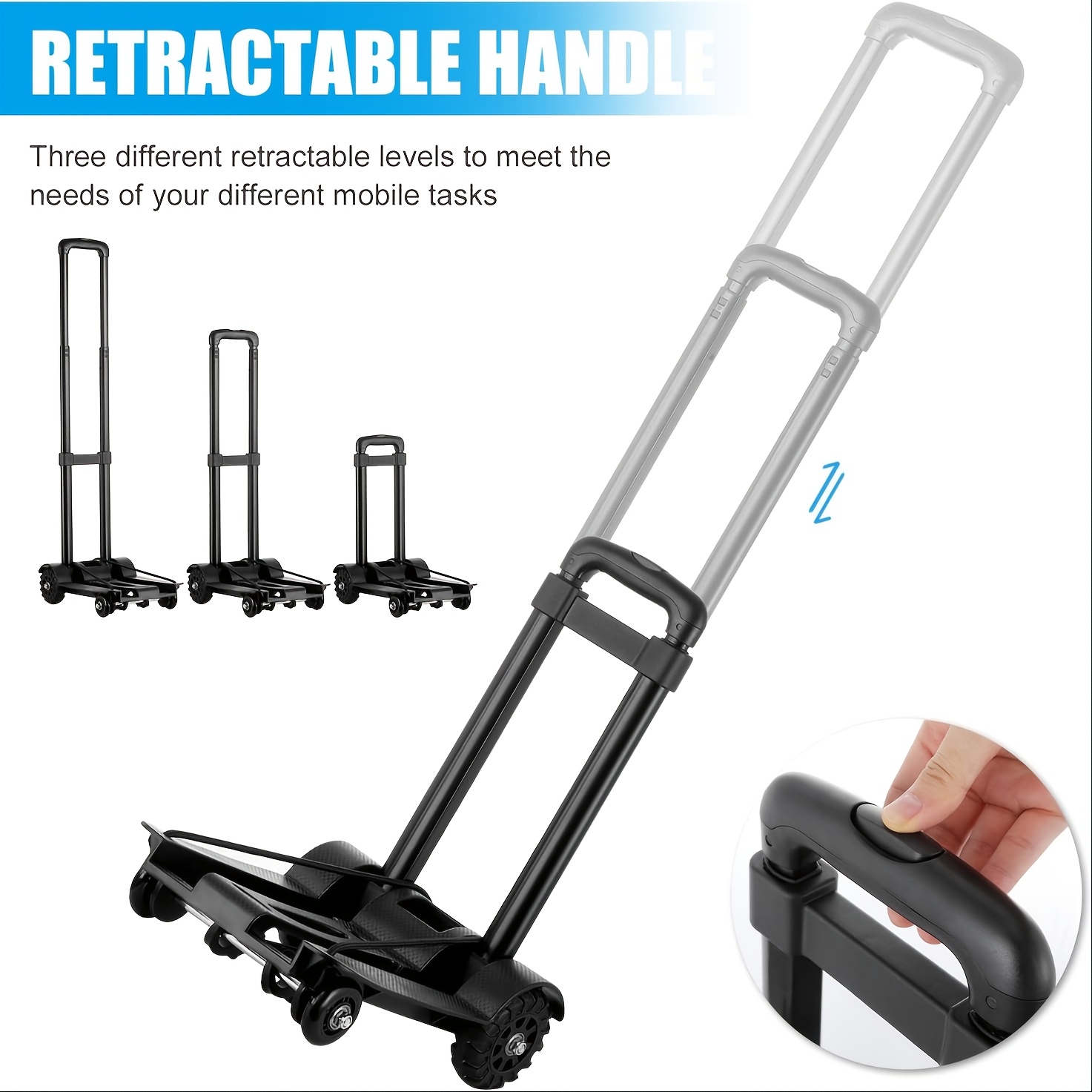 TEMU Pliant Léger 40Kg/88Lbs Chariot de Déplacement Pliable sur Roulettes Robuste avec Corde Élastique pour Bureau Camping Déplacement Noir
