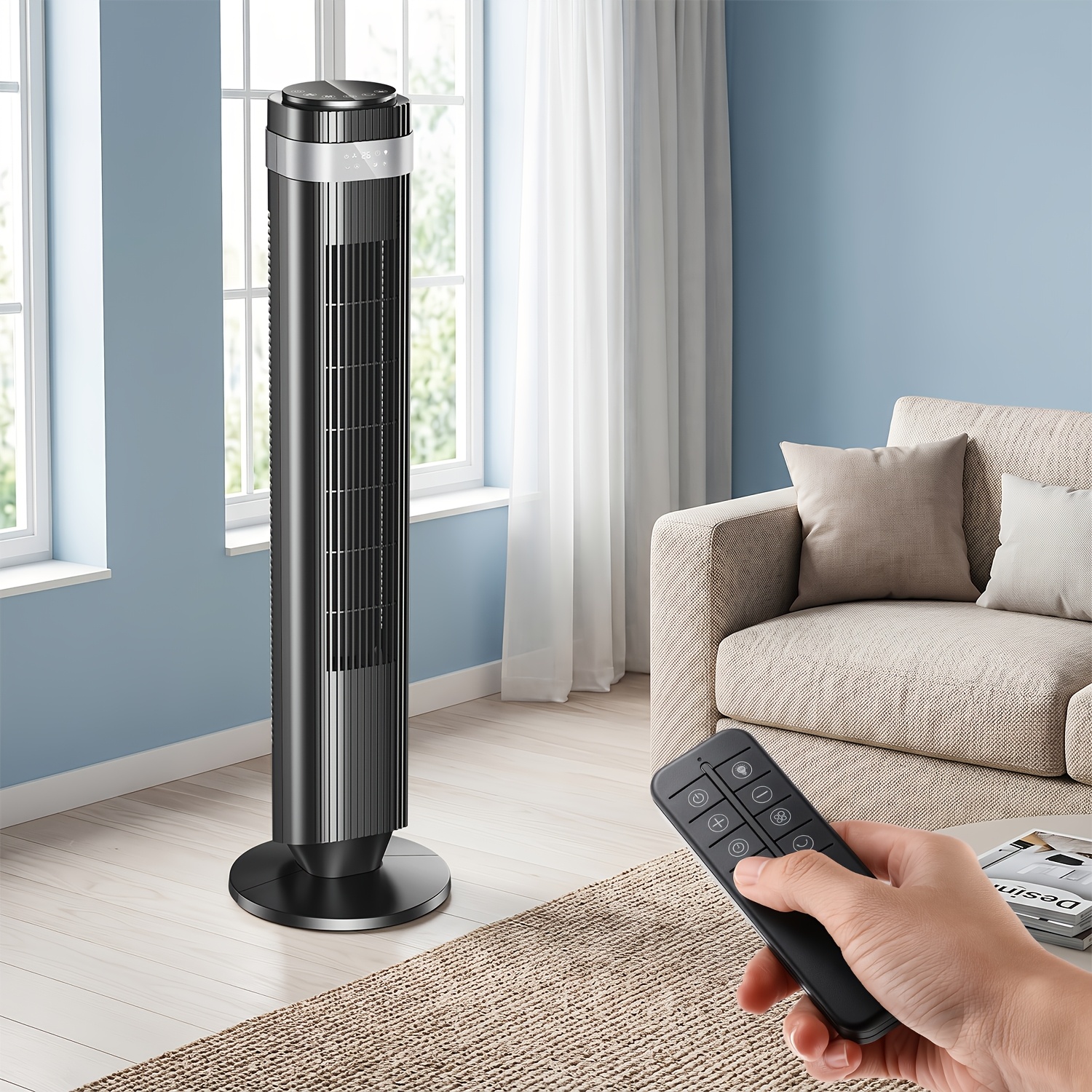 Image of Bedroom Tower Fan, 90° Floor Fan, 28db , Suitable For Sleep, High Wind Speed, 12-hour Timer, 3 , 4 , With Remote Control, Bladeless Design, Suitable For Home, Office, Indoor