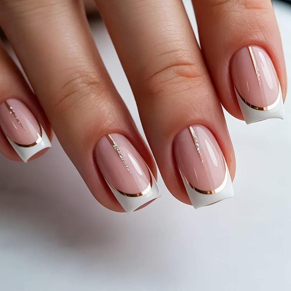 TEMU New Short Square Minimal Classic White French Nails With Golden Foiled Lines, French Style Golden Glitter Lines Press-on Nails, Gentle And