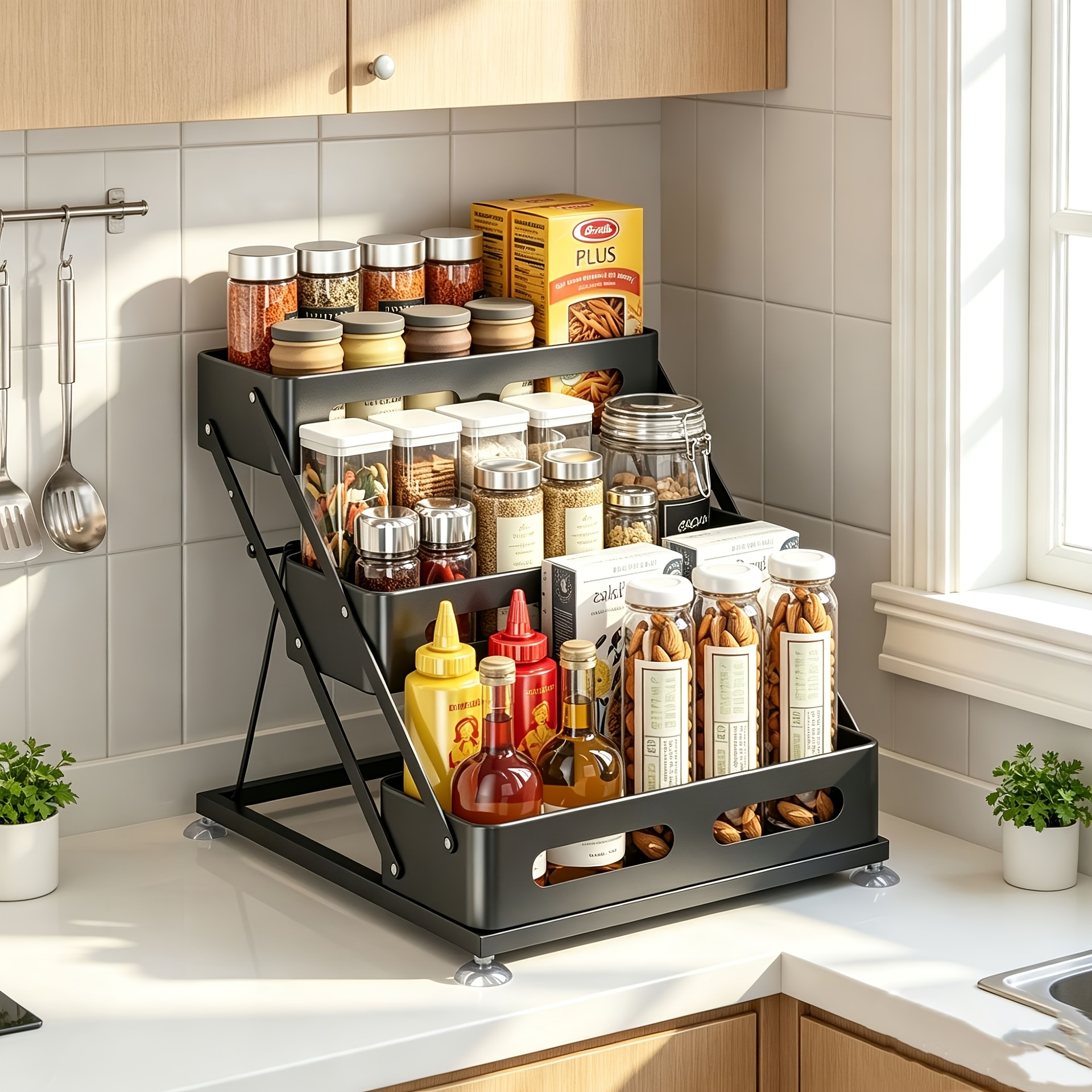Image of 1 Foldable Household Seasoning Bottle Storage Rack, No Installation Required, Countertop Seasoning Bottle Storage Rack, Suitable For Kitchen Countertops, Stove Tops, And Dining Tables