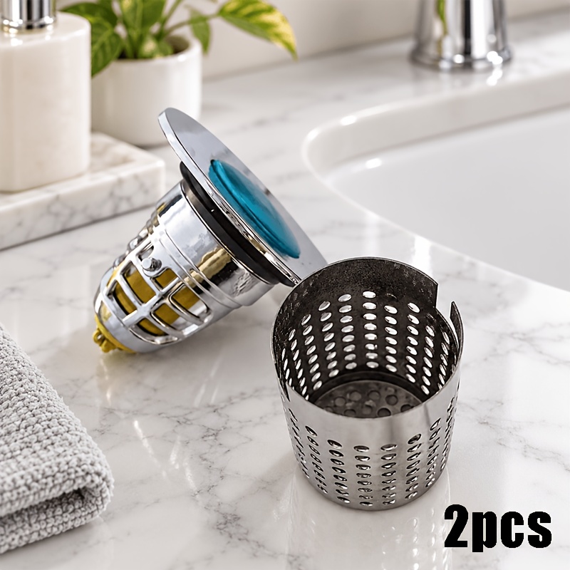 TEMU 2pcs de lavabo de salle de bain pop-up en acier inoxydable avec filtre, anti-obstruction et anti-odeur, bouchon de drain universel de type
