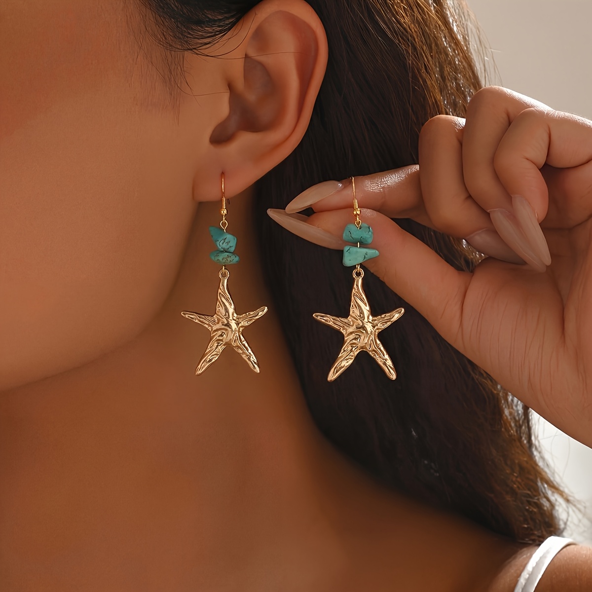TEMU 1 par de aretes colgantes de moda para mujer, diseño de con piedra triturada, estilo oceánico, estilo vacacional, accesorio de /verano, uso