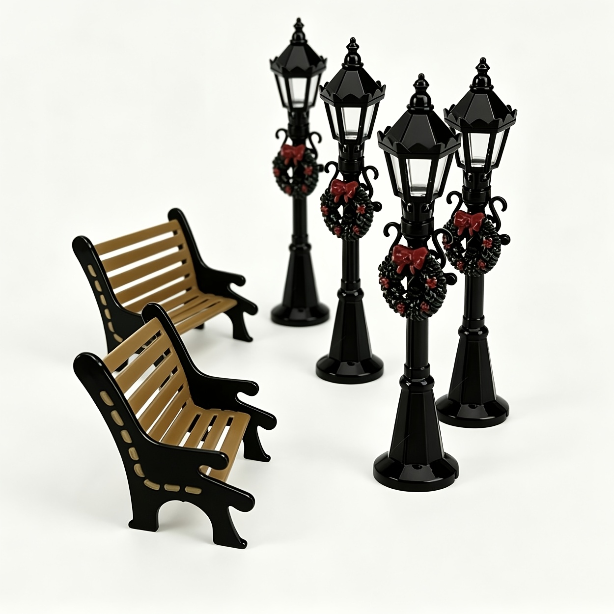 TEMU Miniature Christmas Street Lamp & Park Bench Set With Wreath - Plastic Suitable For Fairy Gardens, , Desktop Decor, Mini Landscapes - Winter