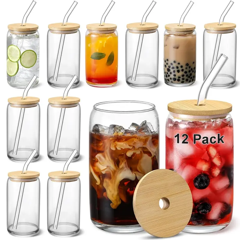 12pcs glass set 16oz with bamboo lid and glass straw canister shaped clear glass drink cups for smoothies boba tea whiskey and water in a cute non glass 4 cleaning brushes Product details 0