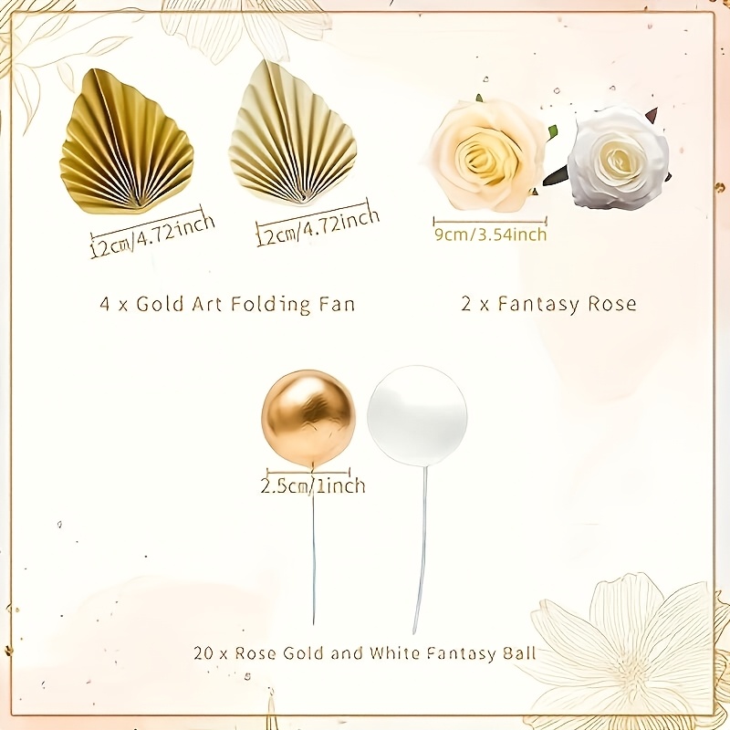 Image of 26pcs Rose Cake Decoration Balls Cake Decoration Golden Palm Leaves Cake Decoration Bohemian Cake Decoration Boho Cake Decoration White Cake Decoration Boho Party Supplies