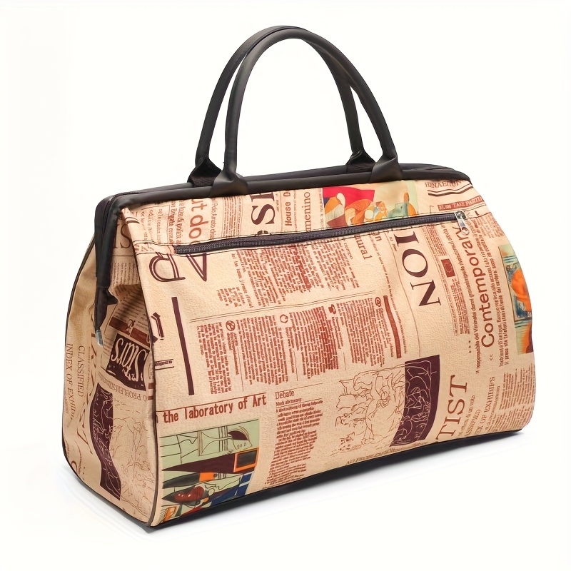 Women's Newspaper Print Tote Bag - High-quality Pattern, Fixed Shoulder Strap, Zipper Closure & Polyester Lining, Large Capacity Accessory