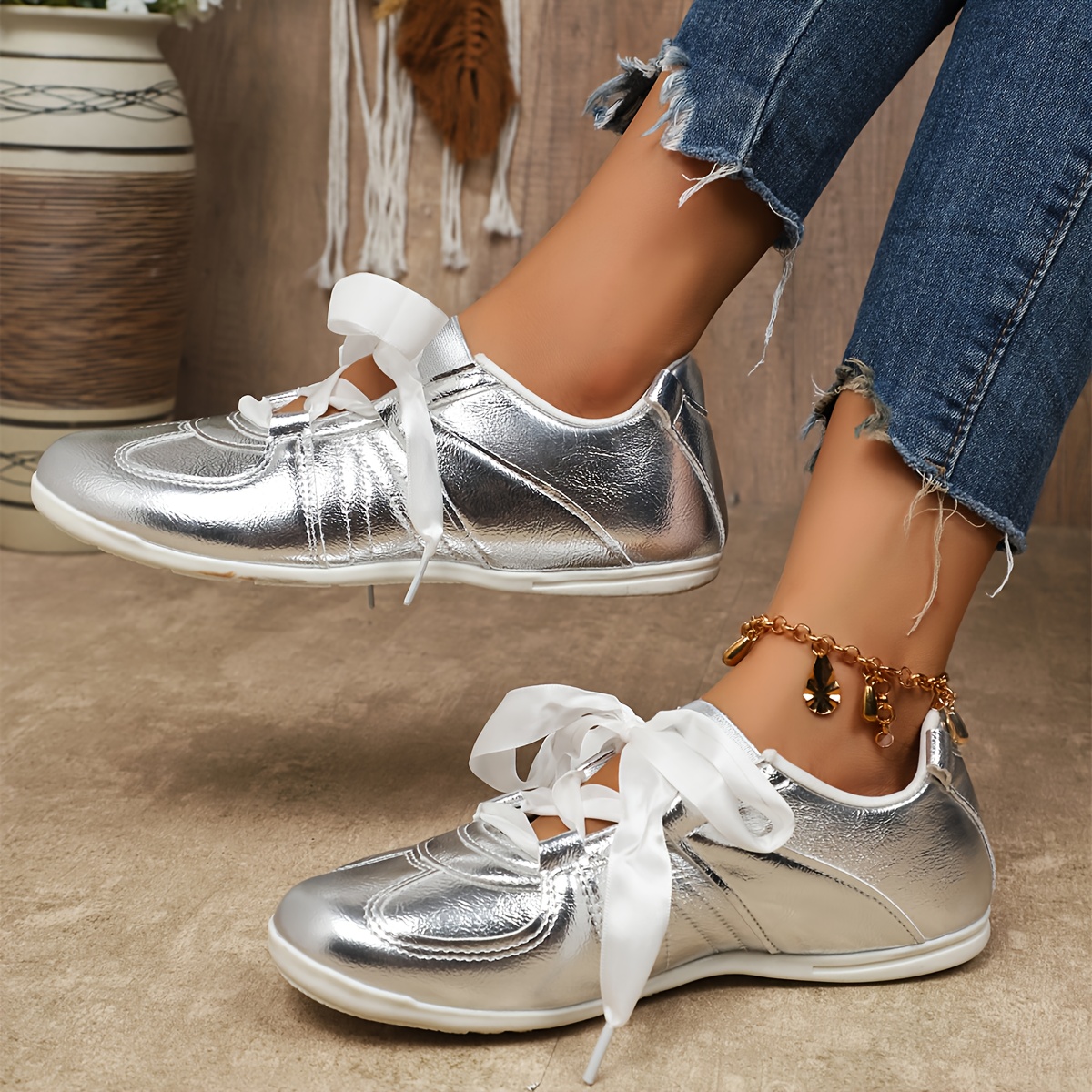 TEMU Women's Golden Metallic Sneakers With Satin Ribbon Laces, Stylish Casual Footwear, Trendy Footwear, Elegant Design, Soft Sole, Slipresistant