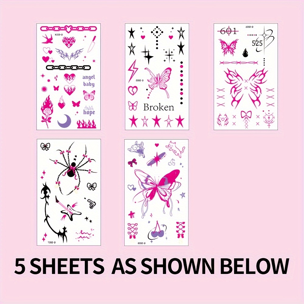 5pcs Y2k & 90's Inspired Finger Tattoos - Colorful, Rectangular Design For Girls