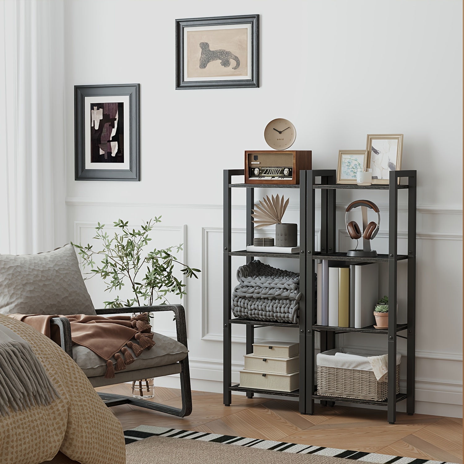 A Black Shelf With 4 Tiers, Suitable For Dvds, Used Office, Living Room, Bedroom, Or Kitchen