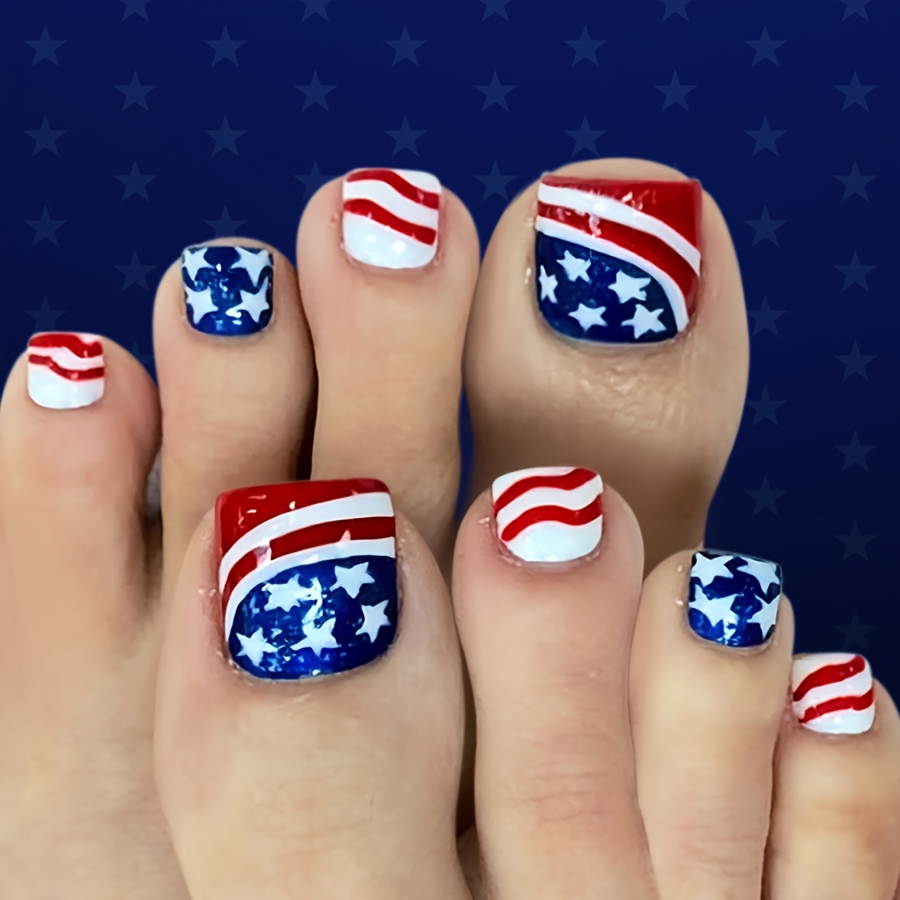TEMU Usa Flag Wave Toe Press On Nails Patriotic Fake Toenails 24pcs Summer Glossy Nails