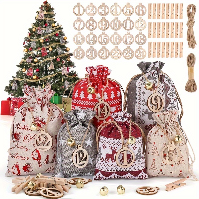 

24pcs Christmas Calendar Bags Set, Drawstring Pouches, & Reusable, & Comfortable Linen, For Decor & Packaging