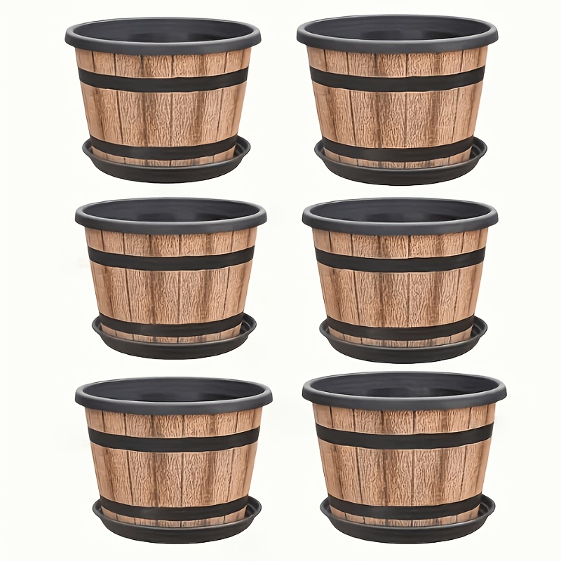 TEMU de fleurs de 8 pouces, pots de fleurs en fût de whisky avec trous de drainage et plateaux, pots de fleurs décoratifs en plastique, simulée de