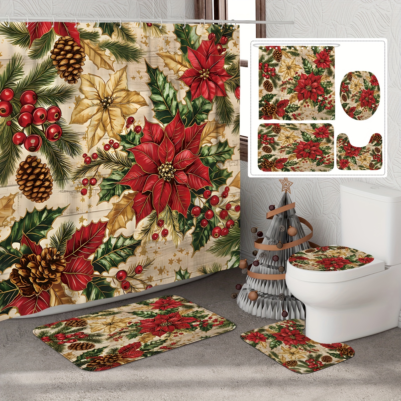 

Christmas Shower Curtain Set - 1/4pcs , & - Includes Bath Mat, U-shaped Lid & 12 - Polyester - Decor, Christmas Decor