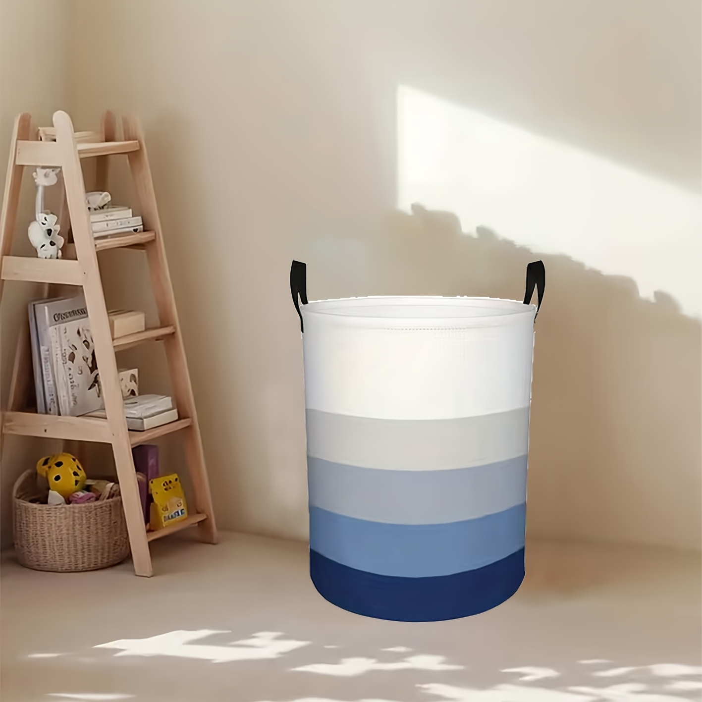 TEMU 1 panier à linge pliable à rayures minimalistes bleu et blanc, panier de douche circulaire adapté à de bain et à à coucher, boîte de rangement