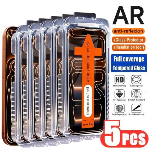 en pakke med 5 hd skjermbeskyttere i herdet glass for iphone 17 16 pro max 15 16 17 pro 15 14 13 12 11 16e 13 mini 17 air plus x xr xs max, ett-klikks filmapplikator, beskyttende glass