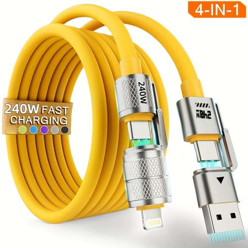 4-in-1 240W Fast Charging Cable – 6.6ft – USB-C Combo With USB-C/C, C/A, & Lightning Ports – Universal